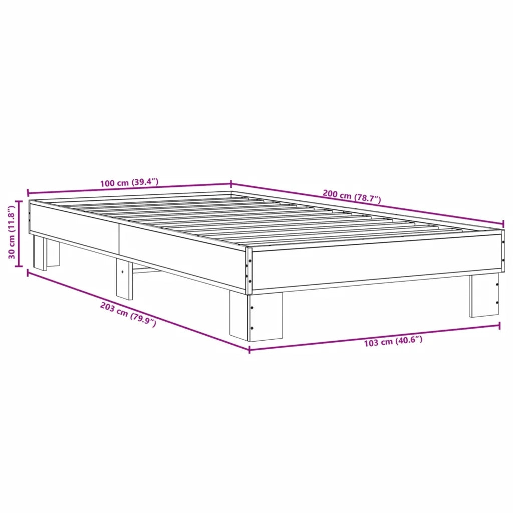 Letto singolo | Letto per adulti | Giroletto Grigio Sonoma 100x200 cm Legno Multistrato e Metallo