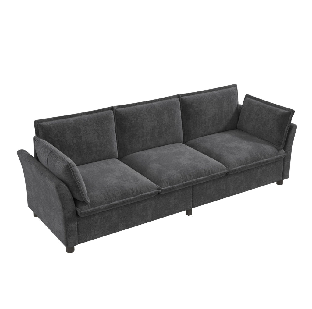 Divano modulare a 3 posti 220 cm in chenille grigio; con 2 cuscini bracciolo e struttura in metallo