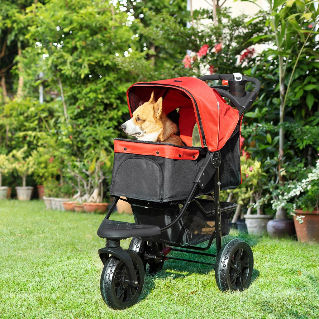 Passeggino per Cani a 3 Ruote ¨C Xylo ¨C con Finestre in Rete, Cestino Portaoggetti e Cinture di Sicurezza, 109,5x57,5x106,5 cm, Rosso
