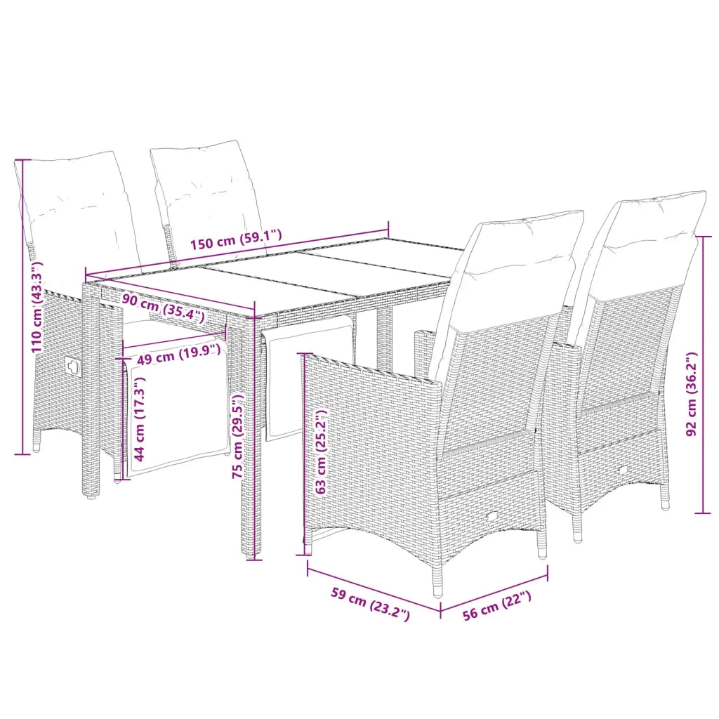 Set da Pranzo da Giardino 5 pz Nero con Cuscini in Polyrattan