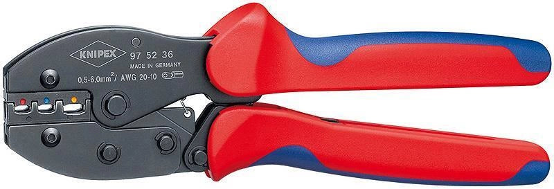 KNIPEX 97 52 36 PreciForce Pinza Crimpatrice per Terminali Isolati 0,5-6 mm² 3 Zone di Crimpatura con Leva Articolata e Blocco di Sicurezza Sbloccabile colore Rosso-Blu