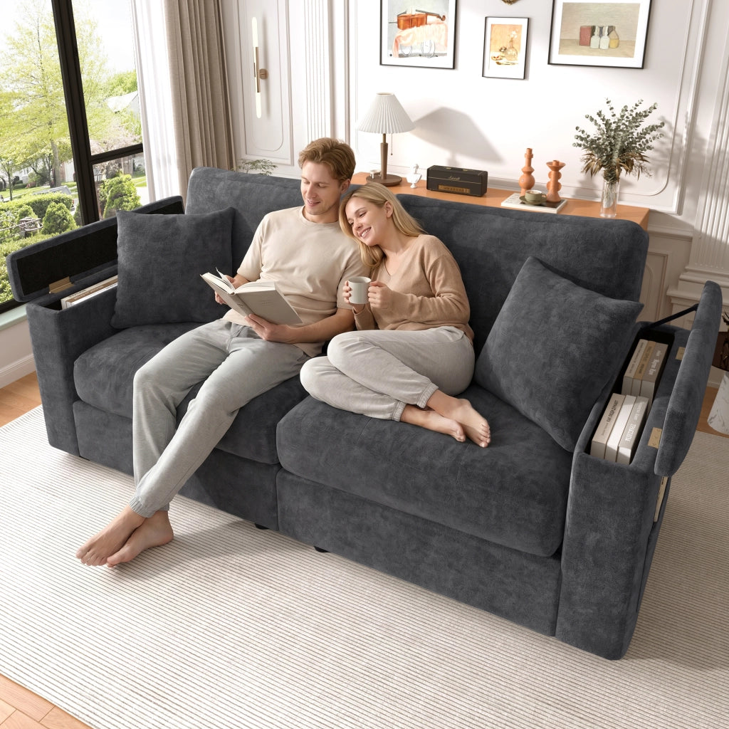 Divano a 2 posti con contenitore nei braccioli e tasche laterali, cuscini inclusi, in chenille grigio scuro
