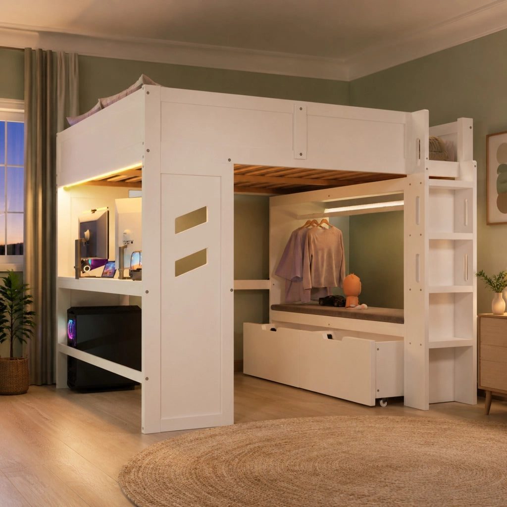 Letto a soppalco 140x200 cm con scrivania, LED, USB-C, 2 cassetti e appendiabiti, bianco