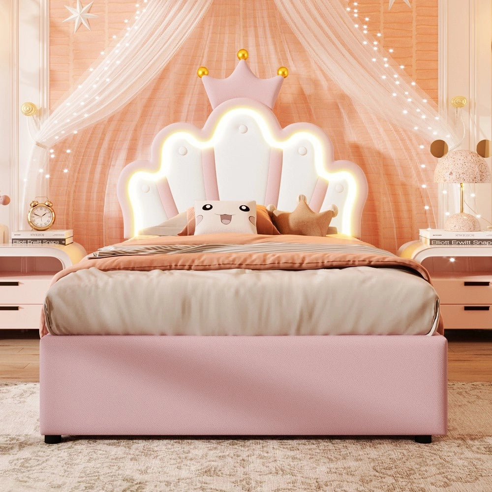 Letto Imbottito con LED e Alzata Idraulica ¨C MINIMAL ¨C Rosa, PU, 90x200
