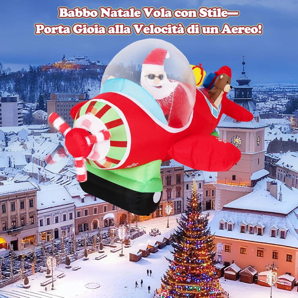 Babbo Natale Gonfiabile su Aereo 120 cm, Decorazione Natalizia da Esterno con Orsetto, Scatole Regalo e Luci LED, Decorazione Gonfiabile Invernale per Festa, per Giardino, Cortile e Casa