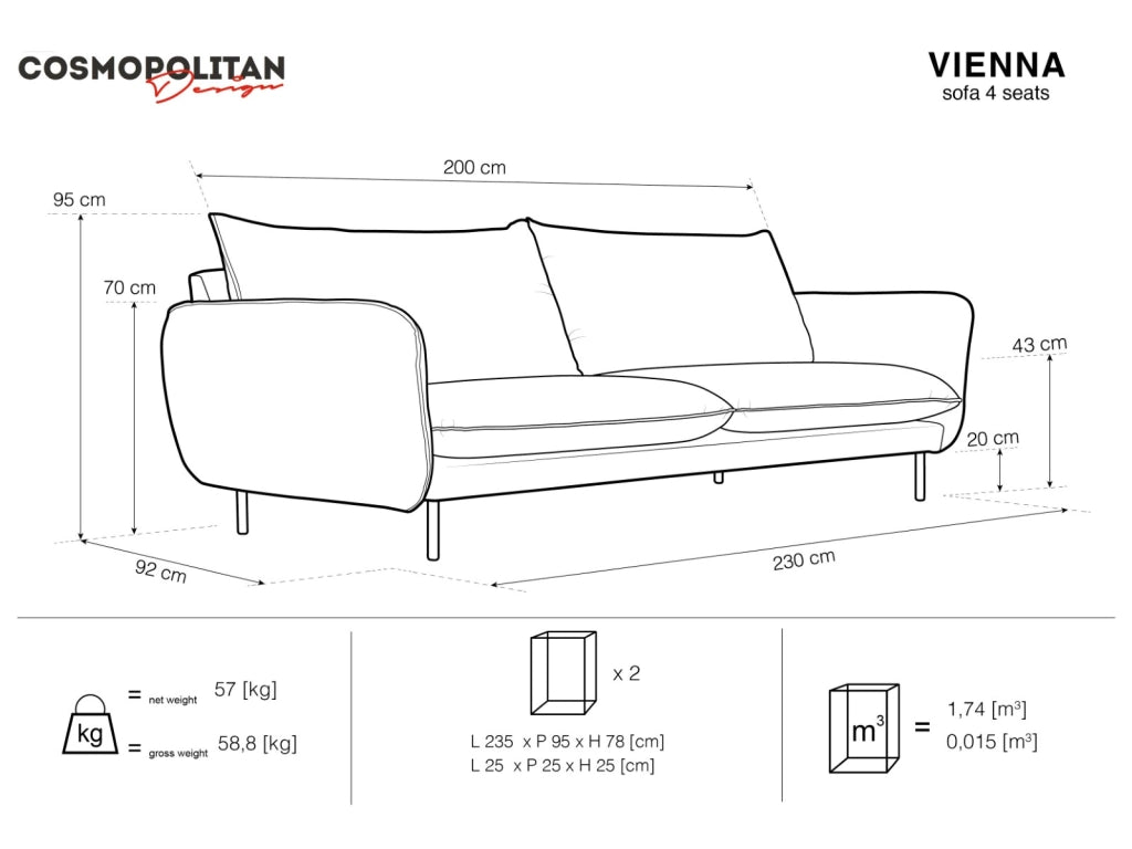 Cosmopolitan Design - Divano "Vienna" 4 posti in bouclé grigio 