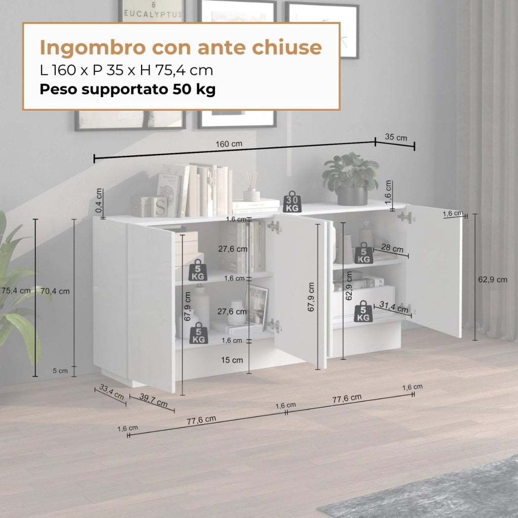 WHOUS Madia Vela con 4 ante colore bianco lucido 160x35x75,4 cm