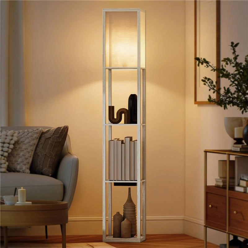 LAMPADA DA TERRA CON RIPIANI, LUCE REGOLABILE, INTERRUTTORE A PEDALE E PORTE USB, BIANCO E ROVERE