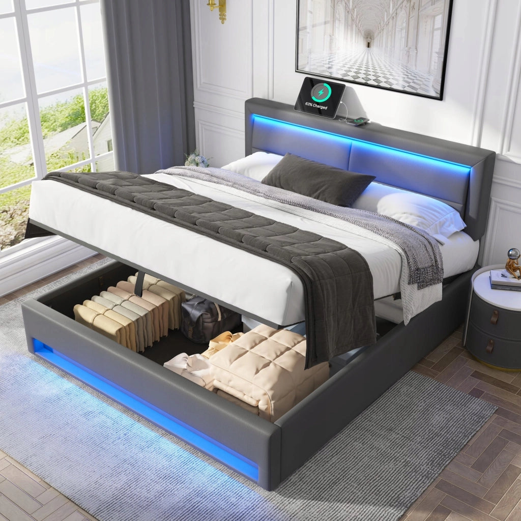 Letto imbottito 140x200 grigio, LED, USB, ripostiglio - Xylo