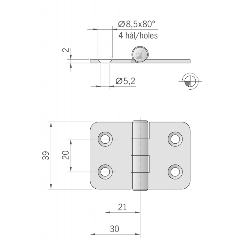 CERNIERA INOX MM.60X39 MIRROR POLISHED HINGES MM.60X39