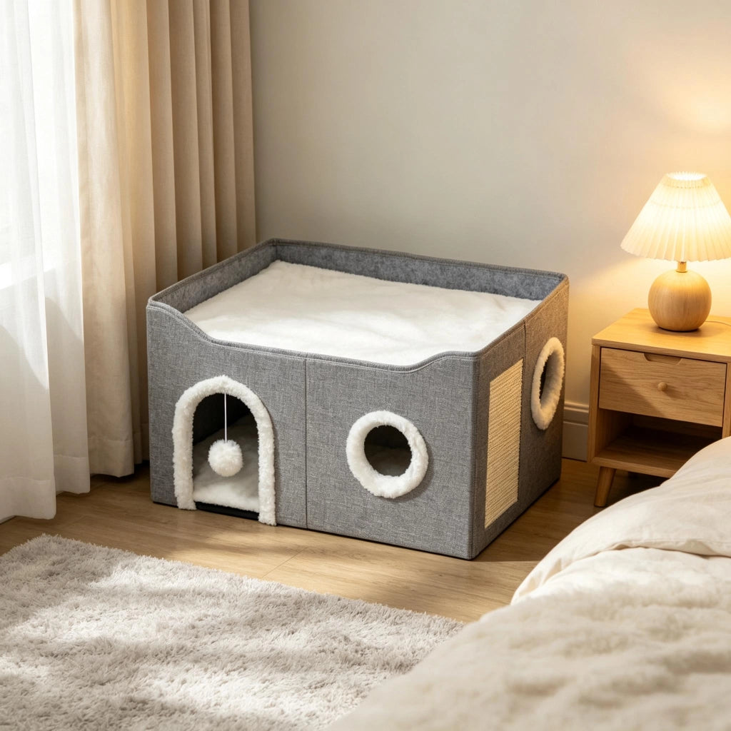 Cuccia pieghevole per gatti da interno, casetta per gatti con tiragraffi, lettino rialzato, ingressi multipli, giocattolo sospeso e cuscino reversibil