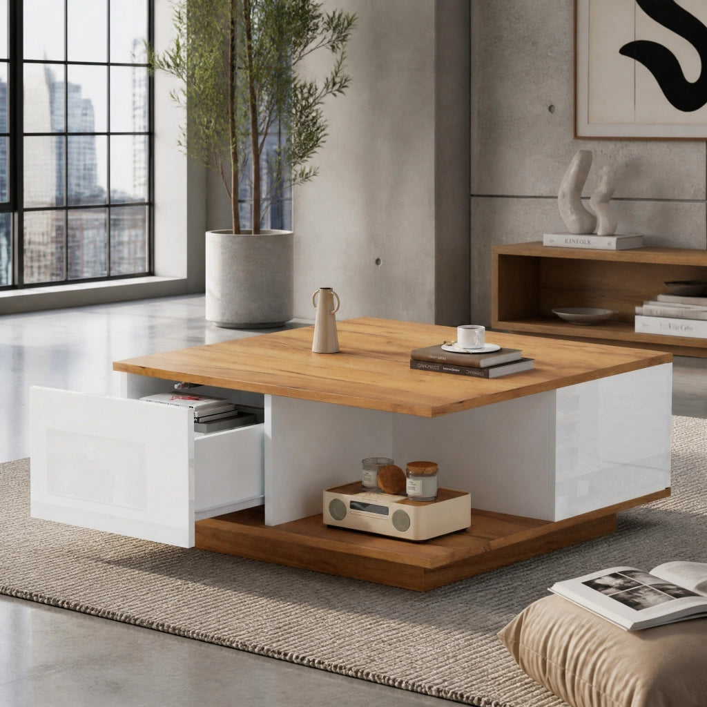 TAVOLO da caffè 70 x 70 x 31,5 cm Bianco e legno con 3 cassetti
