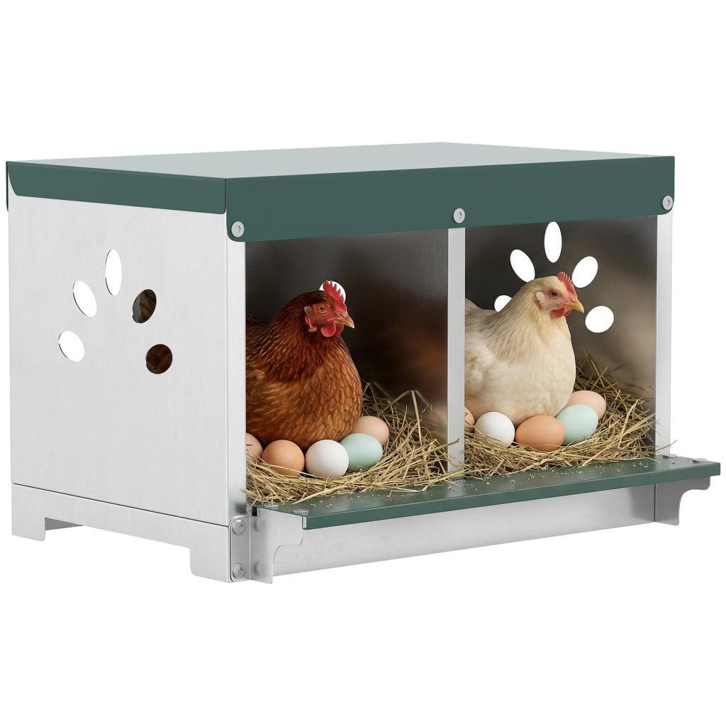 Nido per Galline Ovaiole in Acciaio a 2 Aree con Base Rialzata. Tetto e Fori di Ventilazione. Argento