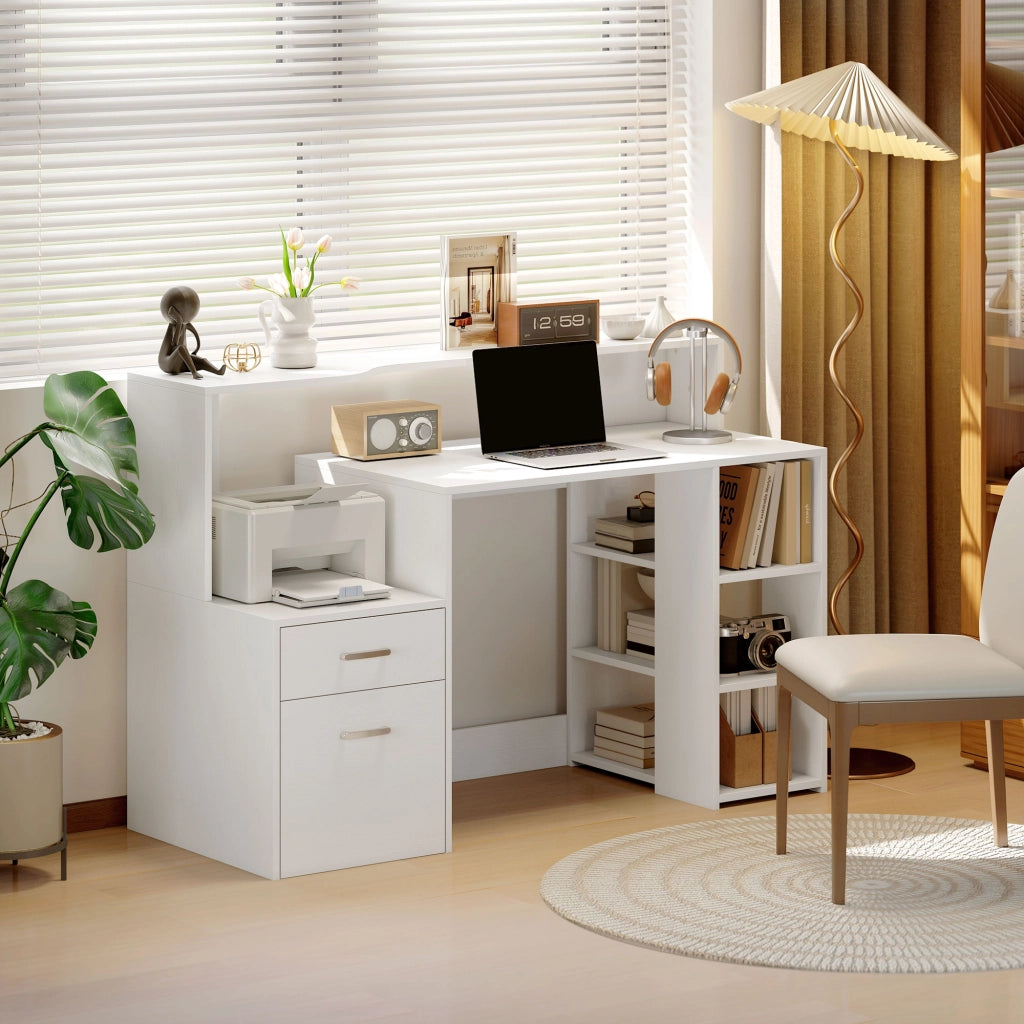 Scrivania per computer con cassetti e ripiani ¨C Xylo ¨C bianco 137x55x92cm