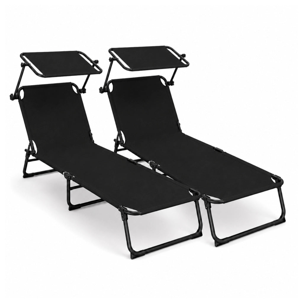 Set 2 Lettini Mare Pieghevoli Ideali Per Spiaggia Giardino Campeggio Relax Estivo Con Tettuccio Parasole Regolabile Schienale Reclinabile Sdraio Struttura In Acciaio Traspirante 24 x 187 x 53 Cm Nero