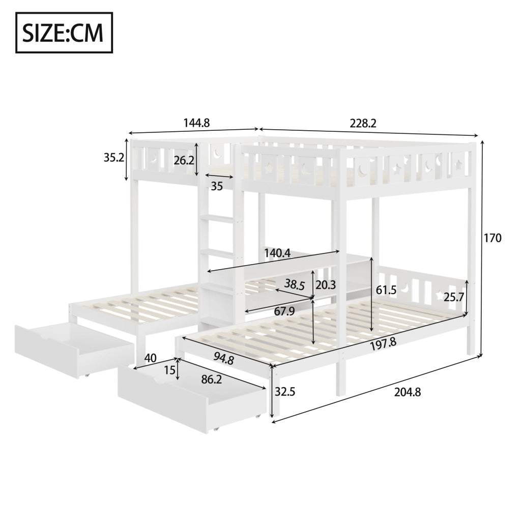 Letto a castello con scala e vano contenitore legno bianco 140x200 cm