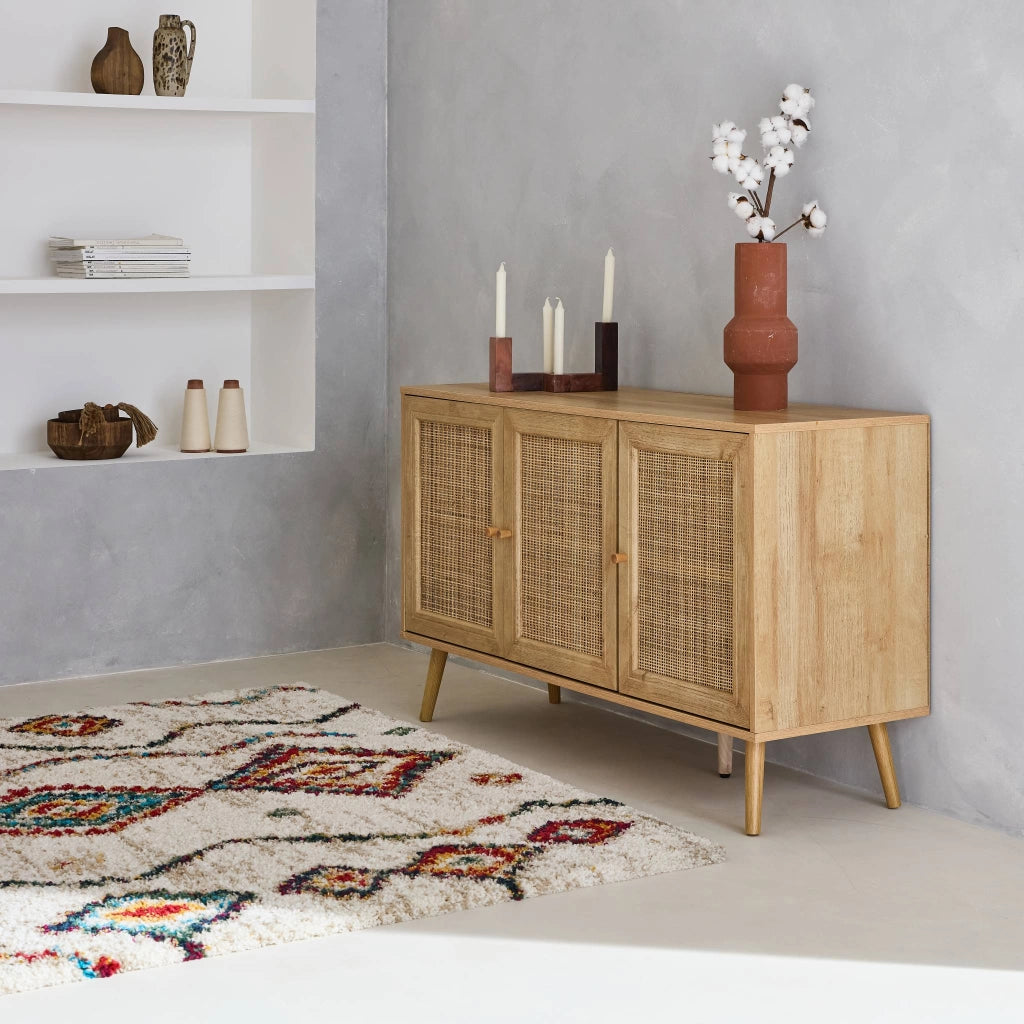Credenza 3 ante in cannage, 120 cm, marrone naturale