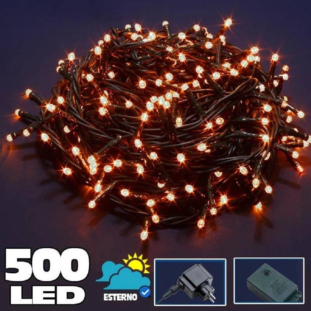 Trade Shop - Catena Luminosa 500 Luci Led Lucciole Bianco Caldo Controller 8 Funzioni Esterno -