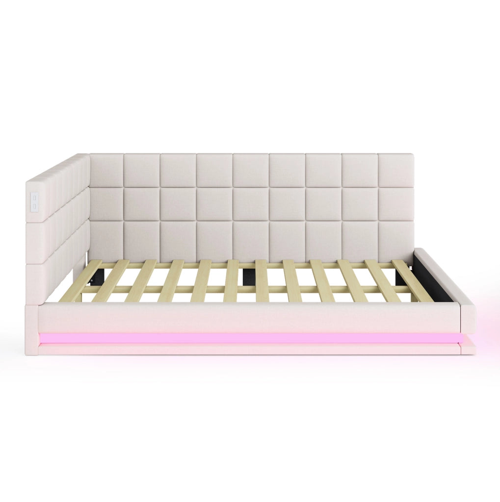 Divano letto imbottito 140x200 con LED, USB e rete a doghe