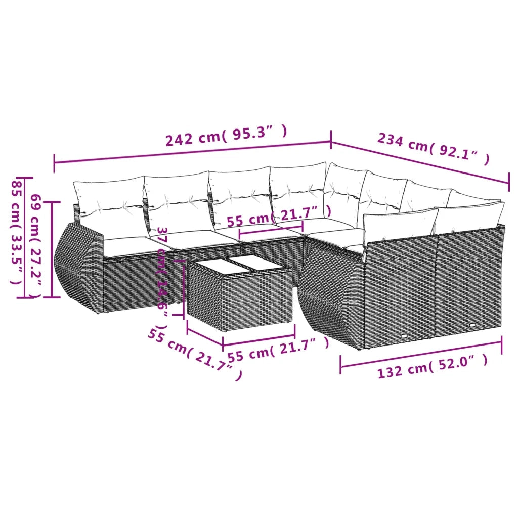 Set Divani da Giardino 9 pz con Cuscini Nero in Polyrattan