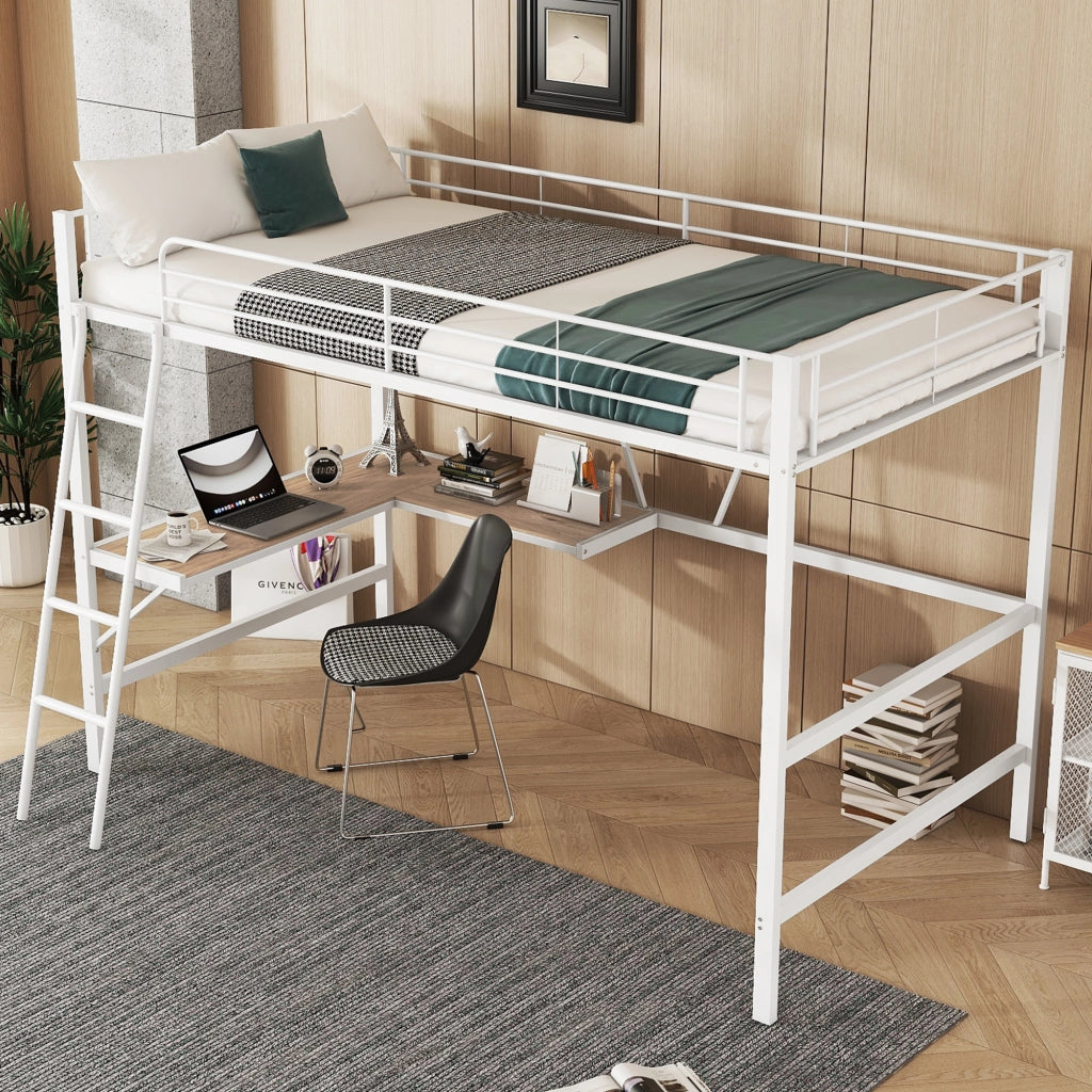Letto a castello con scrivania L e scaffale - Xylo - 90x200 - Bianco