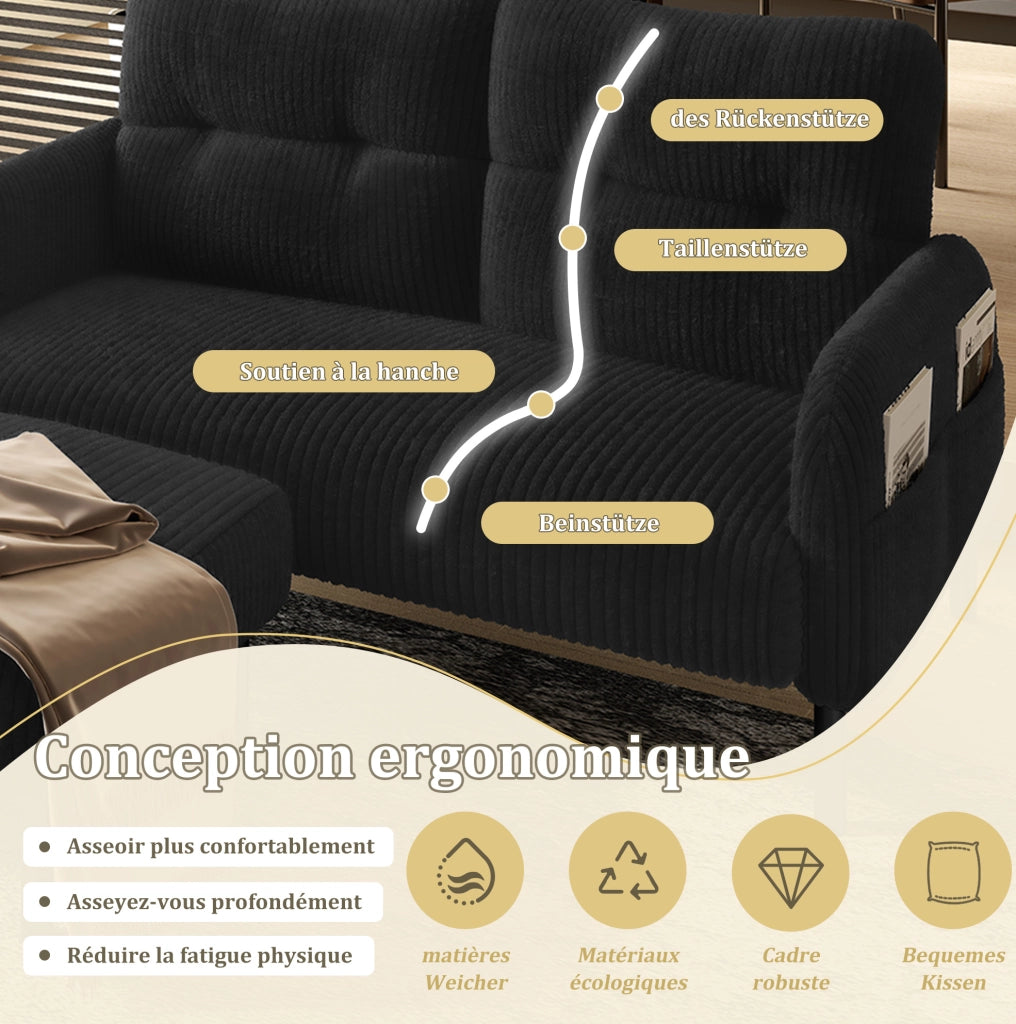 Set divano; poltrona e pouf in tessuto cord nero; 2 posti 120 x 75 x 79 cm