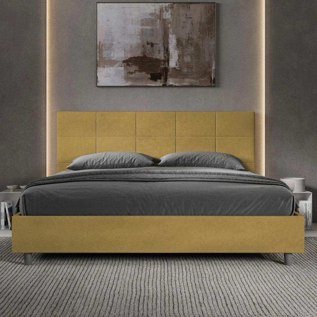 BS COM Letto matrimoniale king size con rete imbottito 180x190 microfibra ocra