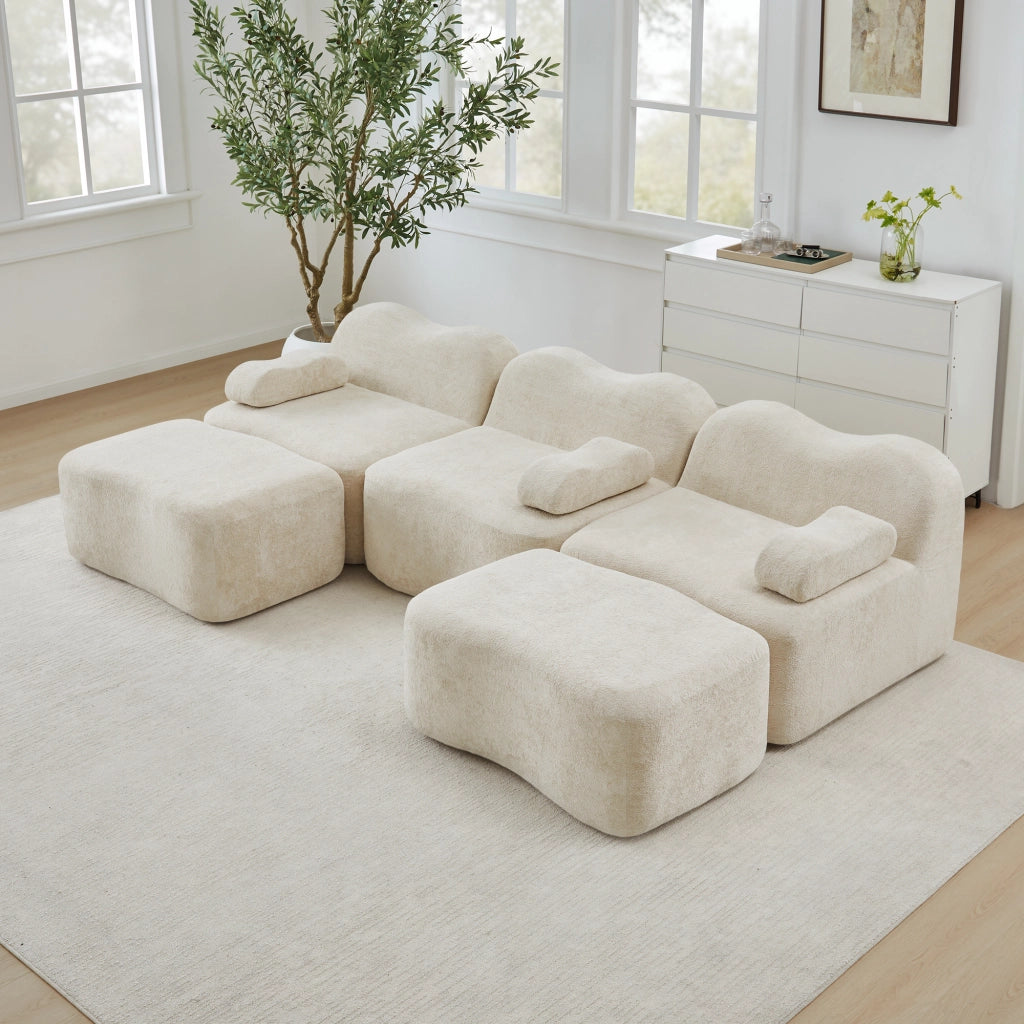 Divano modulare a U 3 posti senza struttura con pouf e cuscino bracciolo in velluto beige