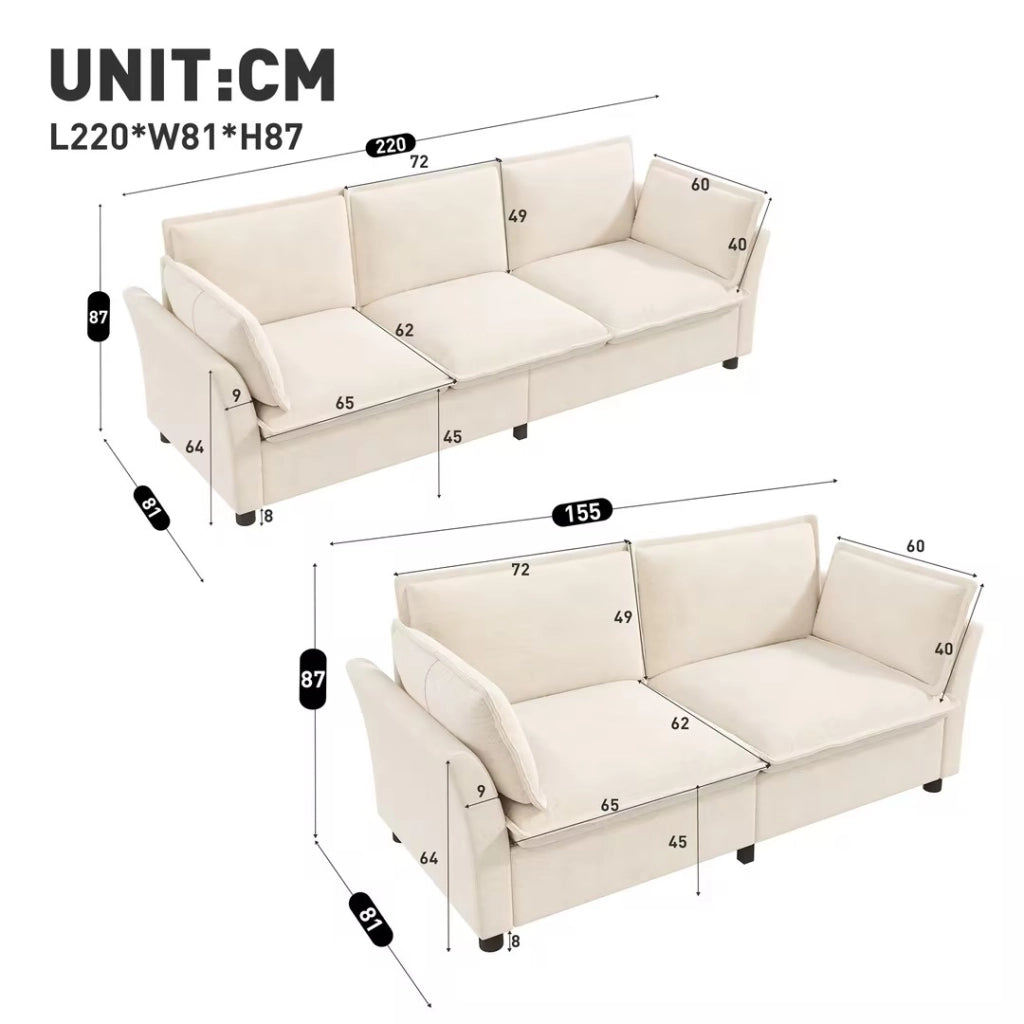 Divano modulare 3 e 2 posti in chenille con seduta ampia e cuscini per braccioli per soggiorno e lounge beige