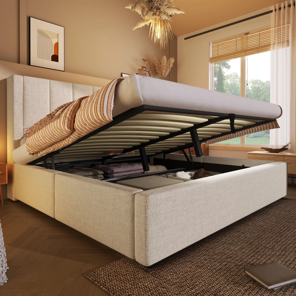 LETTO Contenitore 140x200 cm in lino beige con portabicchieri e USB
