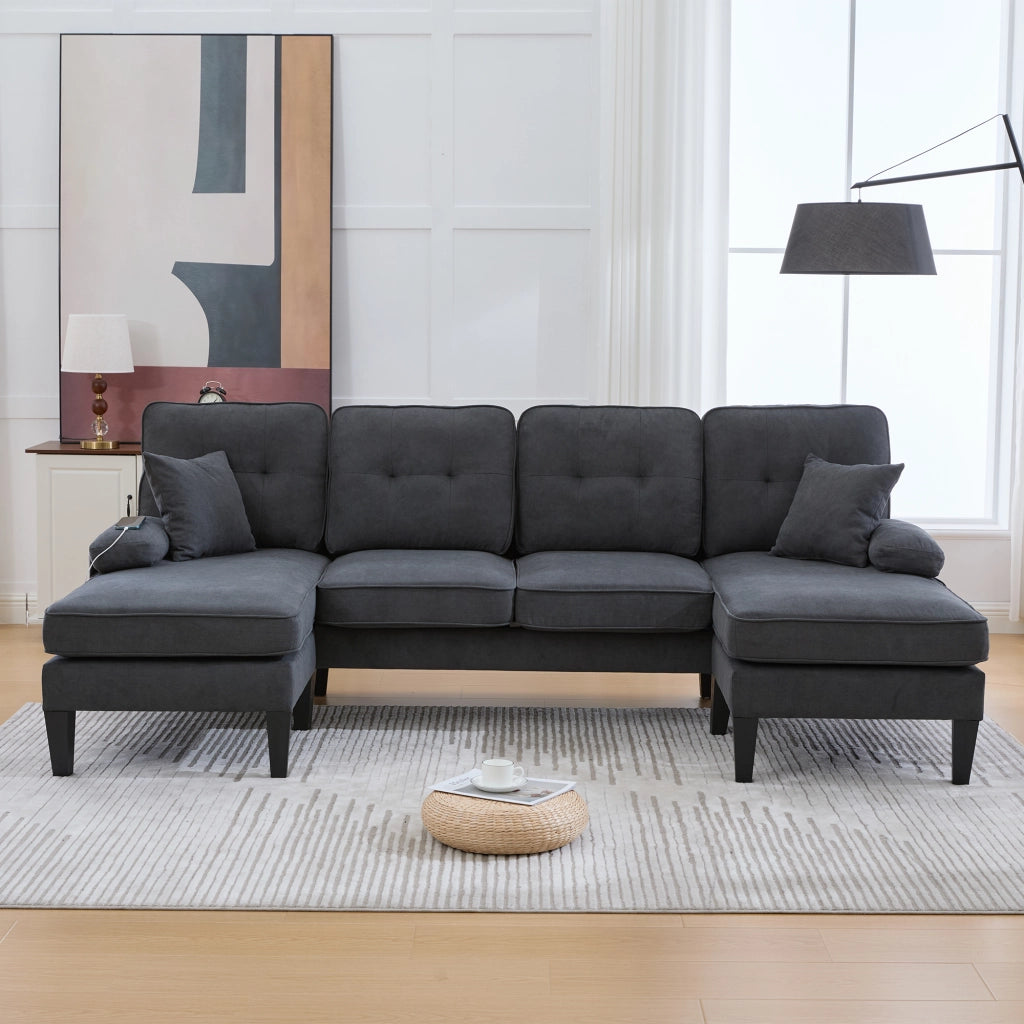 DIVANO U a 4 posti 250x130x88 cm in lino grigio scuro