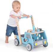 2-in-1 Primi Passi per Bambini con Altezza Regolabile, Girello in Legno con Banco da Lavoro, Carrello da Spinta con Giocattoli Montessori, Velocità Regolabile, Spazio di Archiviazione (Blu)