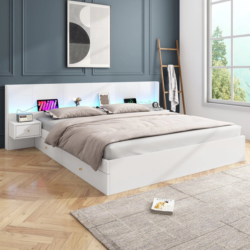 Letto Matrimoniale con LED, USB e 2 Comodini ¨C Xylo ¨C Bianco 180x200
