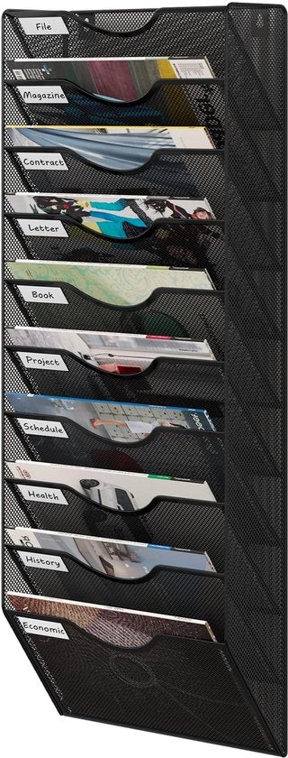Hanger per documenti 10 posizioni, A4, metallo, per muro, tabelle per pubblicità, dispenser per brochure, nero