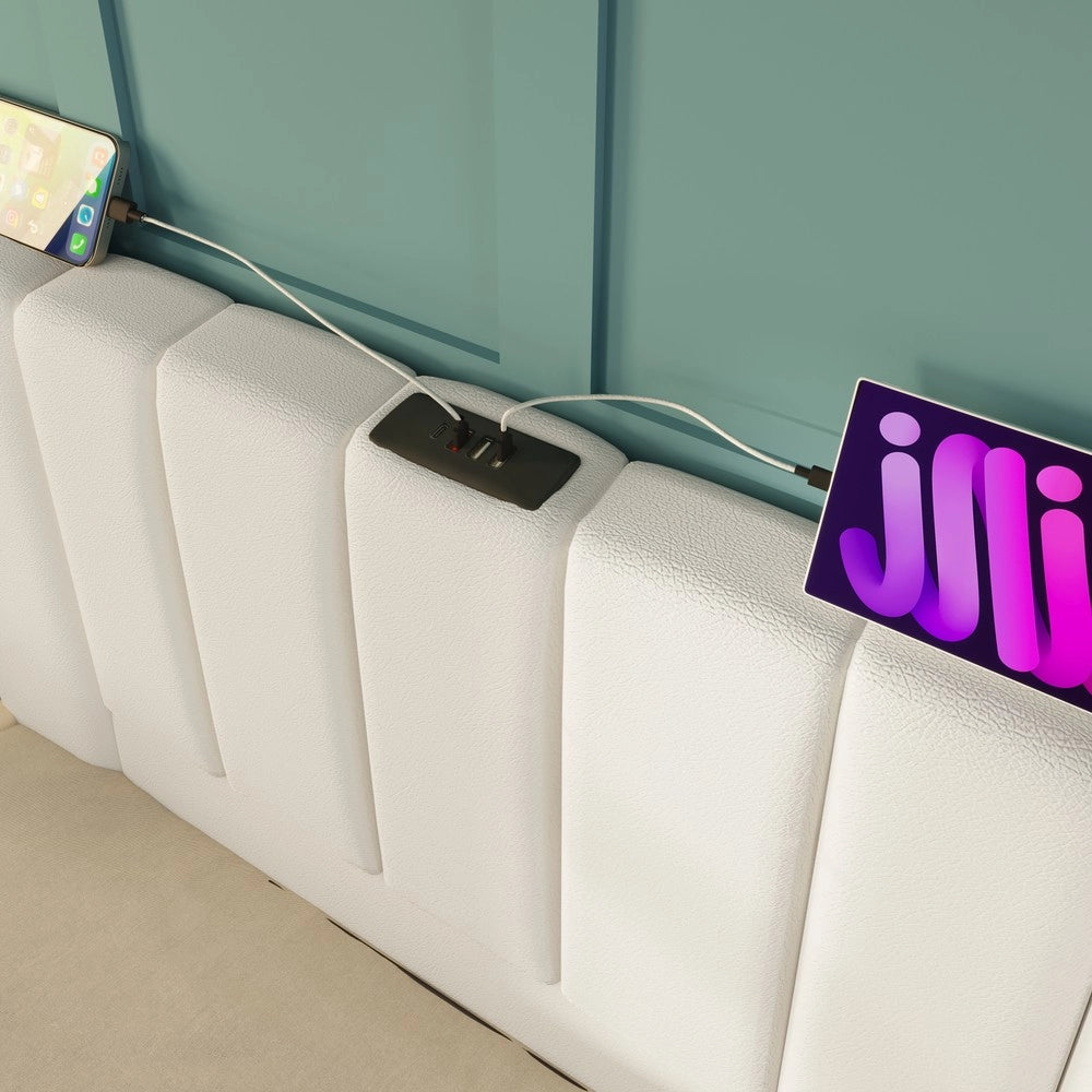 Letto Imbottito Contenitore Matrimoniale con LED e USB ¨C MINIMAL ¨C PU Bianco 180x200