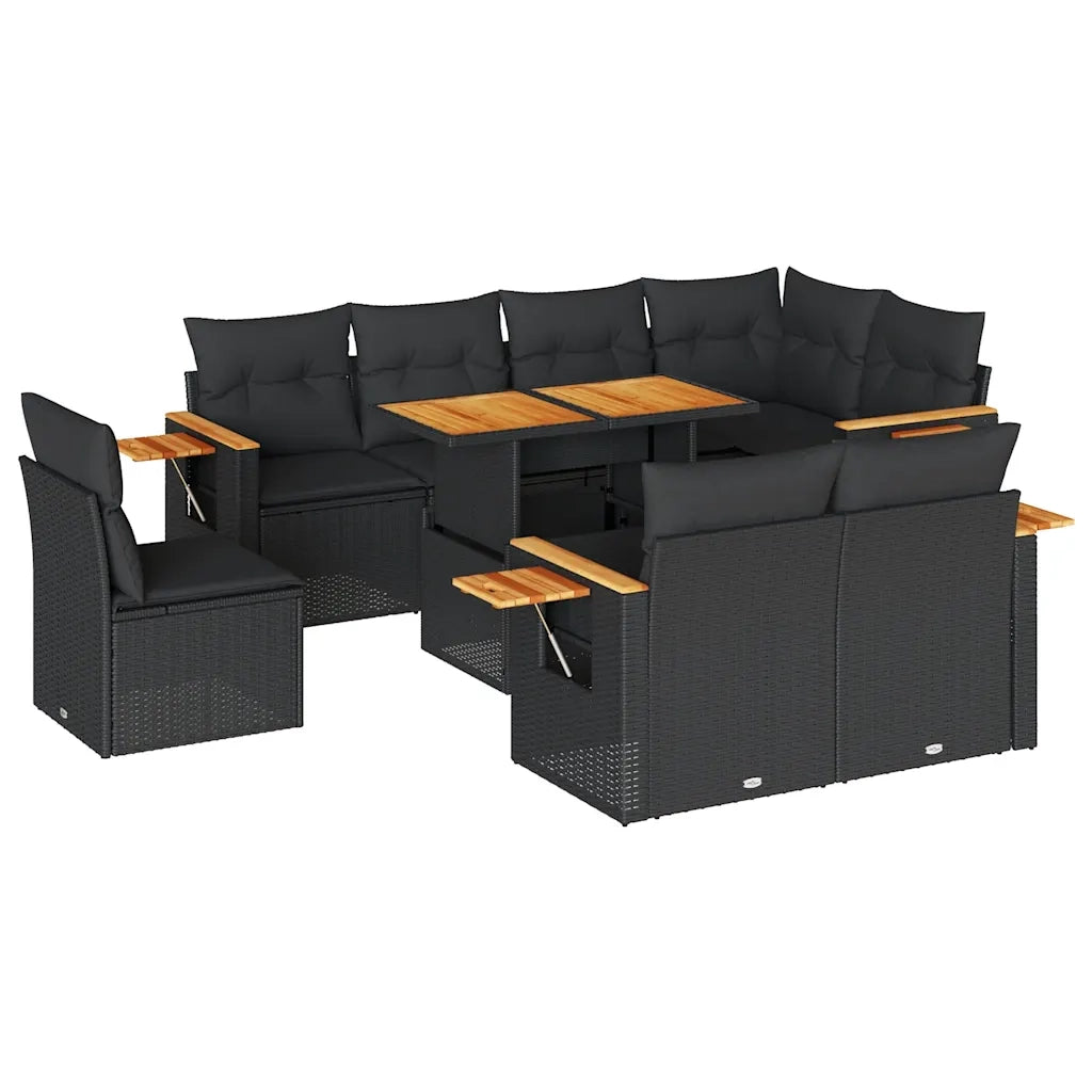 Set Divani da Giardino 9 pz con Cuscini Nero Polyrattan Acacia 3327611