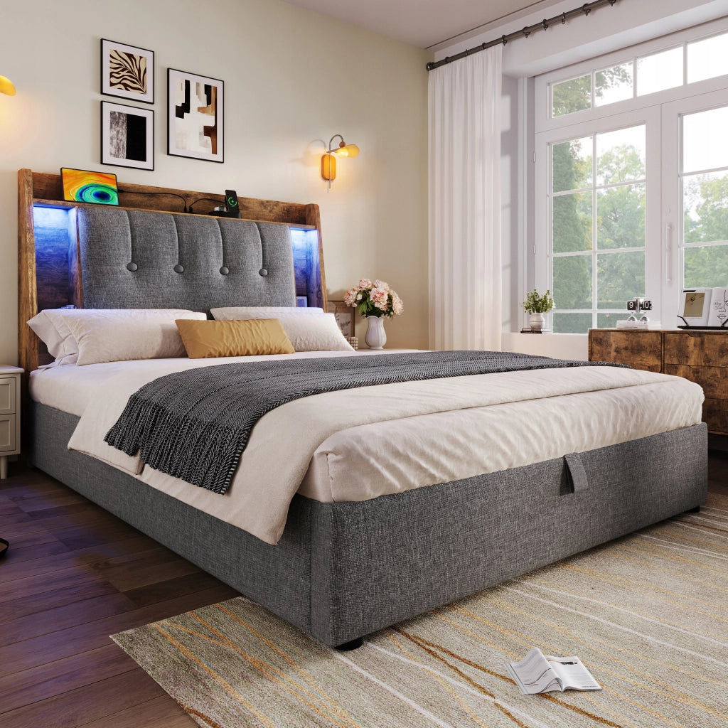Letto imbottito singolo - Xylo - 90x200 - Grigio - Stelaio sollevabile USB-C