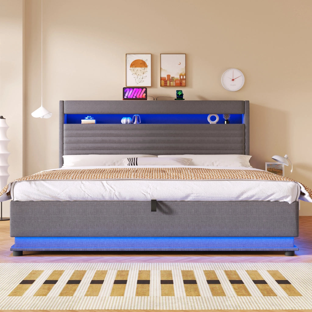 LETTO imbottito 180x200 cm in lino grigio con USB Type-C e LED, senza materasso