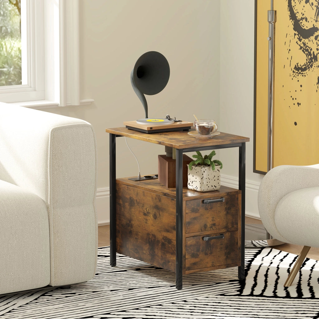 TAVOLINO Laterale 55x35x58,5 cm Marrone con 2 cassetti e prese integrate