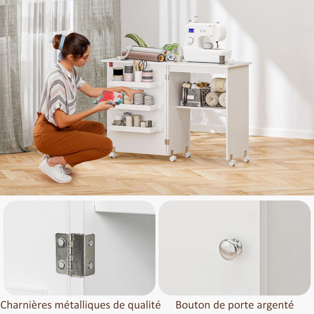 Tavolo da cucito pieghevole con ripiani e ruote ¨C Minimal ¨C bianco