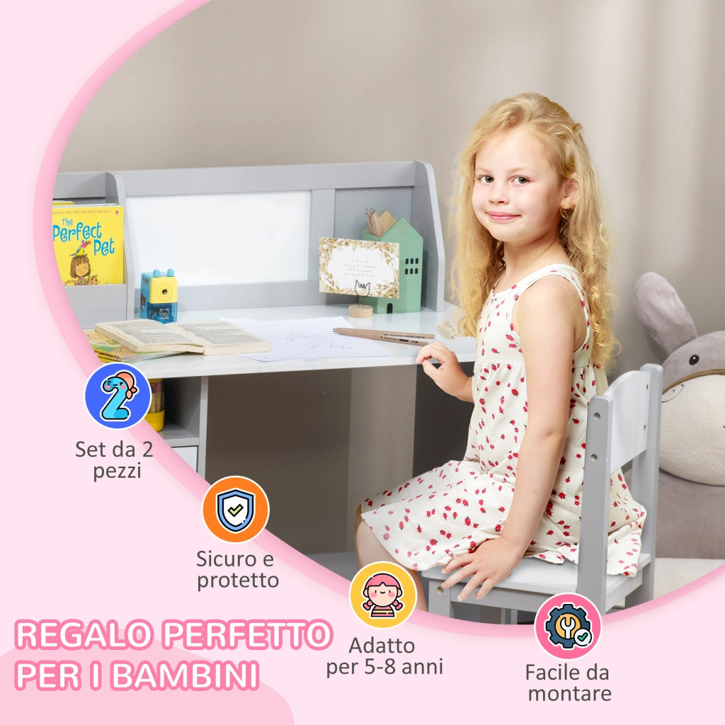 Tavolo e Sedie per Bambini ¨C Minimal ¨C Legno Bianco e Grigio 90x50x60