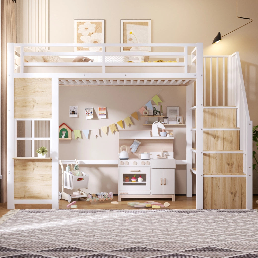 LETTO a soppalco 90x200 cm in metallo e MDF bianco con scala contenitore