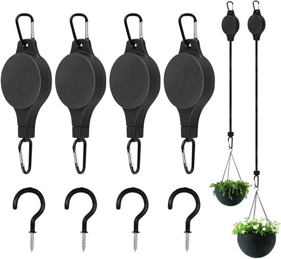 4-pack di sostegni per piante appesi, attacchi per piante, attacchi per piante retrattili, appendi fiori, appendi piante per cestini da giardino, cestini per piante appesi, contenitori per cibo per uccelli (nero)