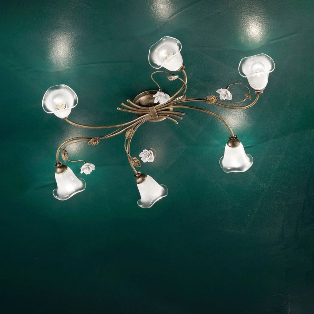 Plafoniera Classica Siena Metallo E Ceramica Nero Sfumato Oro Lucido 6 Luci E14