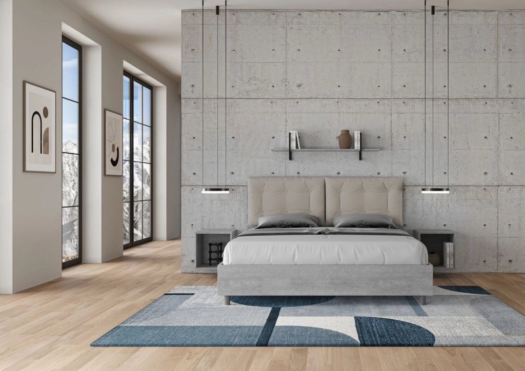 BS COM Letto matrimoniale con rete 160x190 cemento cuscini similpelle tortora