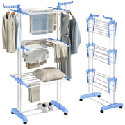 Appendiabiti Pieghevole a 3 Livelli con Ruote ¨C Minimal ¨C Blu e Bianco 73x64x172 cm