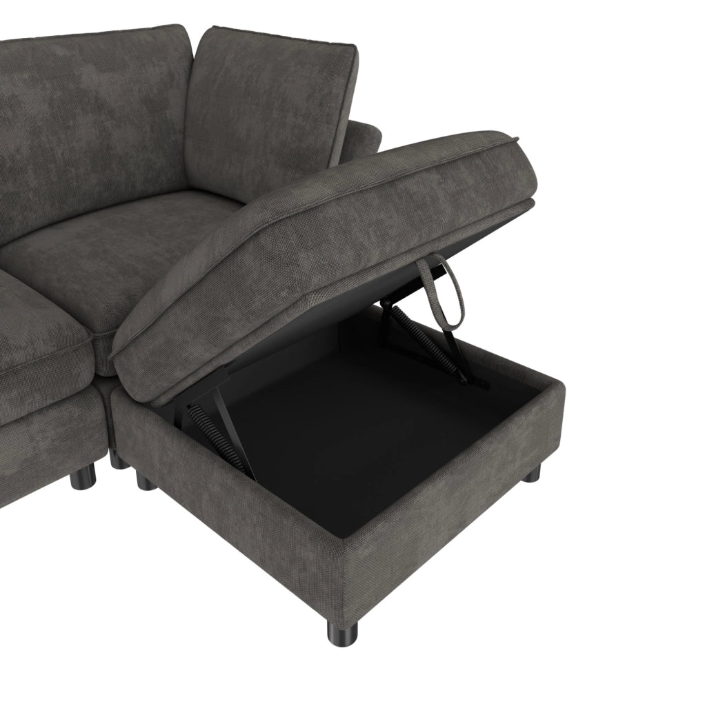 Divano modulare a L 225x137x84 cm in chenille grigio con pouf contenitore e cuscini
