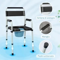 Sedia WC Pieghevole e Regolabile con Braccioli e Schienale, in Acciaio e Pelle PU, 52.5x46x81.5-97 cm, Nero