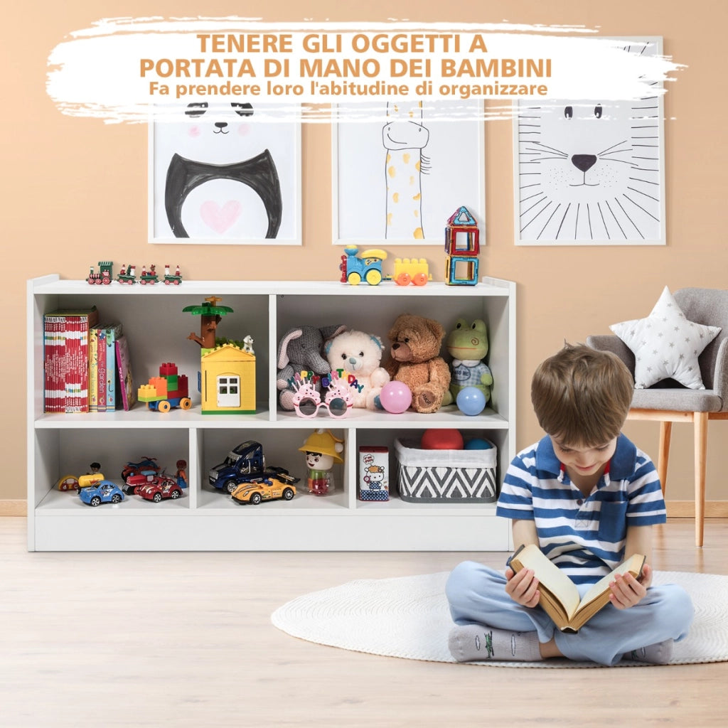 Libreria a 5 cubi per bambini e organizer giocattoli, Scaffale di legno con 5 scompartimenti per stanza Bianco