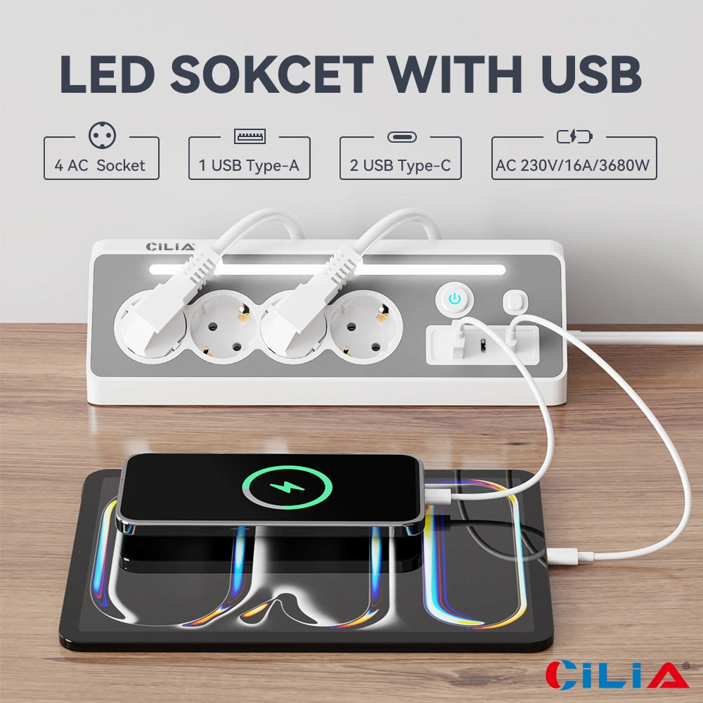 Ciabatta Elettrica Angolare 90¡ã con 4 Prese Schuko, 2 Type-C, 1 USB ¨C Minimal ¨C Grigio, Cavo 1.5m